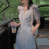 Elegant Fairy Midi Dress Women French Princess V-neck Korean Party Dress Female Summer One-piece Dress Office Lady Causal