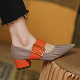 New Spring/Autumn Shoes Women Pointed Toe Chunky Heel  Fabric High Heel Pumps Mixed Color Square Button Ladies Shoes