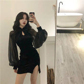 Black Slit Dress Women's Clothing Retro Patchwork Velvet Lantern Sleeve Dress Sexy Woman Dresses Vestido De Mujer Femme Robe