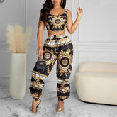 Summer Women Black Clubwear Two Piece Suit Sets Sleeveless Scarf Print Crop Top & High Waist Casual Long Pants Set