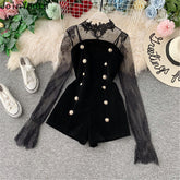 Two Piece Outfits Lace Tulle Pullover Flare Sleeve Shorts Gold Velvet Button Solid New Fashion Clothes Female 231