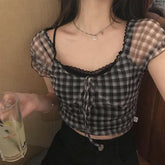 Summer New Plaid Tshirts Women Retro Square Collar Shirt Casual Lace Tees Puff Sleeve Y2k Crop Tops Female Korean Fashion