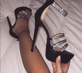 Crystal Platform Sandals Women Summer Zip High Heels Shoes Fashion Peep Toe Slides Black Hollow Pumps