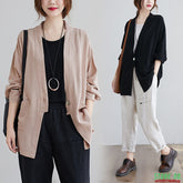 Retro Korean Loose Plus Size Long Solid Color Cardigan Suit Jacket Spring New Trend V-Neck Cotton And Linen Shirt Top Zh155