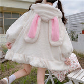 Japanese Winter Women Lolita Outerwear Hooded Rabbit Ear White Black Lambswool Zipper Coat Cute Kawaii Thick Warm Bunny Jacket