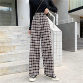 Simple Vintage Plaid Causal Long Women Pants Street Fashion Straight Wide Leg Pant