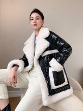 Lamb Wool Shiny Down Jacket Women mid-length new Winter Black Thick Duck Down Fur Coat