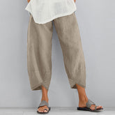 Vintage Women Cotton Linen Wide Leg Pants Female Asymmetric Trousers Ladies Casual Loose Pockets Elastic Waist Pants