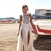 Pbong mid size graduation outfit romantic style teen swag clean girl ideas 90s latina aesthetic Beach Wedding Dress Boho Bride Gown Sexy High Side Slit Halter Lace Top Chiffon Skirt Long Backless Bridal Dresses