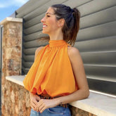 Pbong mid size graduation outfit romantic style teen swag clean girl ideas 90s latina aesthetic freaknik tomboy swaggy going out cwaya Top Women Sexy Blouses Orange Crop Ladies Shirts Halter Sleeveless Girl Summer Blusas Clothing Female Chic Tops