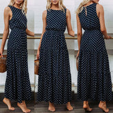 Pbong mid size graduation outfit romantic style teen swag clean girl ideas 90s latina aestheticBobo Women Dark Blue Boho Loose Sleeveless Holiday Dot Print Long Maxi Dress Evening Party Beach Dresses Summer Sundress