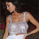 Pbong mid size graduation outfit romantic style teen swag clean girl ideas 90s latina aesthetic freaknik tomboy swaggy going out Glitter Nightclub Backless Rhinestone Tank Top Women Sexy Metal Crystal Diamonds Sequined Night Club Party Wear Crop Top