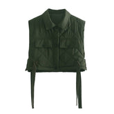 Women Green Pocekts Quilting Cropped Vests Fashion Side Buttons Tie Turn-down Collar Waistcoat Streetwear