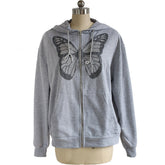 Oversized Butterfly Graphic Rhinestone Zip Up Hoodies Y2K Fashion E-girl 90s Streetwear Diamond Grey Long Jacket Autumn