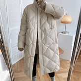 Winter New Korean Style Long Cotton-padded Coat Women's Casual Stand-up Collar Argyle Pattern Oversized Parka Chic Jacket