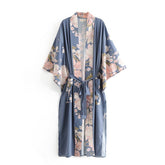 Spring Summer Bohemian V neck Peacock Flower Print Long Kimono Shirt Ethnic New Lacing up Sashes Long Cardigan Loose Blouse