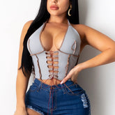 Pbong mid size graduation outfit romantic style teen swag clean girl ideas 90s latina aestheticWomen Tank Crop Top Sexy Bandage Hollow Out Tank Top Summer Sleeveless Halter Shirts Club Wear Tops for Women