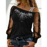 Pbong mid size graduation outfit romantic style teen swag clean girl ideas 90s latina aesthetic Lace Blouse Women Sexy Long Sleeves Skew Collar Off Shoulder Patchwork Tee Tops Casual Autumn Elegant Diamond Blousas