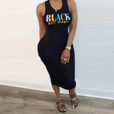 Pbong mid size graduation outfit romantic style teen swag clean girl ideas 90s latina aestheticNew Summer Women Fashion S-5XL Plus Size Black-Girl-Magic Print Sleeveless O-Neck Slim Mid-Calf Dress Sexy Bodycon Maxi Dresses