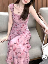 Pink sling floral dress for women summer new long style slim fit waist long dress