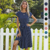 summer hot sale European and American mid-length skirt short-sleeved tie polka dot pleated dress