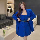 Women Fashion 2 Piece Dress Suits Blue Black Belted A Line Dress&Long Sleeve Blazer Jacket Outfits Elegant Lady 2PC Skirt Sets