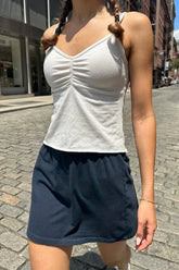 Women Folds Crop Tops Summer Ladies Slim Sexy V-Neck Sleeveless Navy Camisole Sweet Girl Vintage Cotton Cute Tank Tops