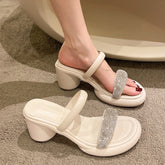 Fashion Crystal Women Sandals Summer Round Heels Gladiator Sandals Woman Beige PU Leather High Heeled Slippers