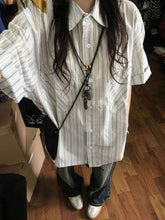 Japanese Retro Blue Striped Short Sleeved Blouses Summer New Sleeve Shirts Women Y2k E-Girl Mid-length Loose Blusas Mujer