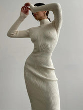Knitted White Dress Turtleneck Long Sleeve Bodycon Dress Autumn Winter Elegant Party Evening Black Dresses for Women