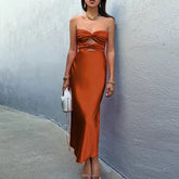 Elegant Strapless Slim Satin Party Dress Summer Off Shoulder Hollow Long Dress Fashion Solid Color Backless Chic Evening Dresses