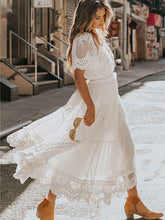 Hollow Out White Dress Sexy Women Lace Long Dress Cross Semi-Sheer Plunge V-Neck Short Sleeve Lace Maxi Dress