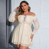 Sexy Women Plus Size Dresses Embroidered Lace Edge One-shoulder Short Dress Sweet New Solid Color Elegant A-line Dress