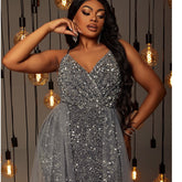 Plus Size Evening Party Dresses Women New Fashion Sexy V-neck Sleeveless Dresses Elegant Slim Sequin Elegant Women's Dresses