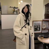 Lamb Wool Coat Women's Knee Over Mid Length Autumn/Winter New Cowhorn Button Japanese Loose Cotton Coats for Women