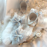 Elegant Retro Style Lolita Cosplay Tea Party Girl Shoes Pointed Lace Ruffled Ribbon Bow Flower Pearl Gem 4.5cm High Heeled Shoes
