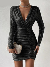 Sequin Solid Short Sleeves Mini Dresses For Women Clothing V Neck Sexy Nightclub Party Dresses Ruched Bodycon Vestidos