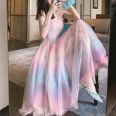 Elegant Rainbow Strap Dress Women Korean Sleeveless Long Y2k Dress Femme Casual Party Kawaii Dress Summer Women's Clothing