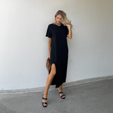 Summer Fashion Split Women T shirt Dress Black Basic Simple Dresses