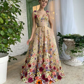 Exquisite 3D Flowers Prom Dresses Sweetheart Floral Straps A-Line Evening Gowns Formal Party Dress With Pockets
