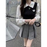 Sweet Japanese Girl Fashion 2 Piece Skirt Sets Long Sleeve Patchwork Shirt Top&High Waist Pleated Mini Skirt 2pc Dress Outfits