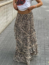 Leopard Printed Maxi Skirt Female Ruffled Patchwork Fashion Summer High Waist Bandage Party Looks Women Long Skirt