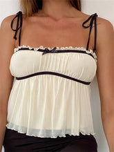 Retro Women Ruffles Patchwork Camis Sleeveless Tie-up Strap Tank Tops Bow Ruched Summer Mini Vest Party Clubwear