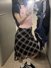 Vintage 90s Plaid Skirt Women Summer Korean Style Casual Mesh Print High Waist Slim Midi Skirt Girl Y2k Streetwear