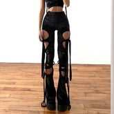 Goth Dark Velvet Hollow Out Mall Gothic Pencil Pants Grunge Aesthetic Punk Sexy High Waist Trousers Y2k Bandage Women Alt Bottom