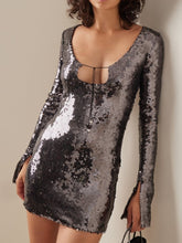 Sexy V Neck Lace-up Sequins Mini Dress Women Silver Gray Sequined Sheer Boaycon Dress Spring Elegant Party Evening Club Dresses