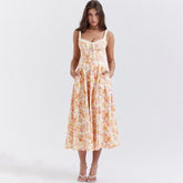 Floral Print Midi Elegant Summer Dress Green Side Slit Sexy Padded Holiday Party Dresses Casual Women Dress