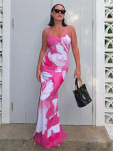 Contrast Spaghetti Slim Maxi Dress Female Printed Off-Shoulder Fashion Holiday Beach Dress Patchwork Summer Party Dress