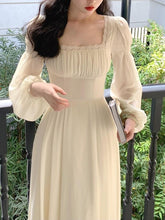 French Vintage Midi Dress Women Long Sleeve Pure Color Elegant Chiffon Dress Office Lady Lace One Piece Dress Korean Spring