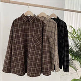 Vintage Women Plaid Shirts Loose Oversize Long Sleeve Button Up Fall Shirt Casual Pocket Female Tops Korean Black Tops